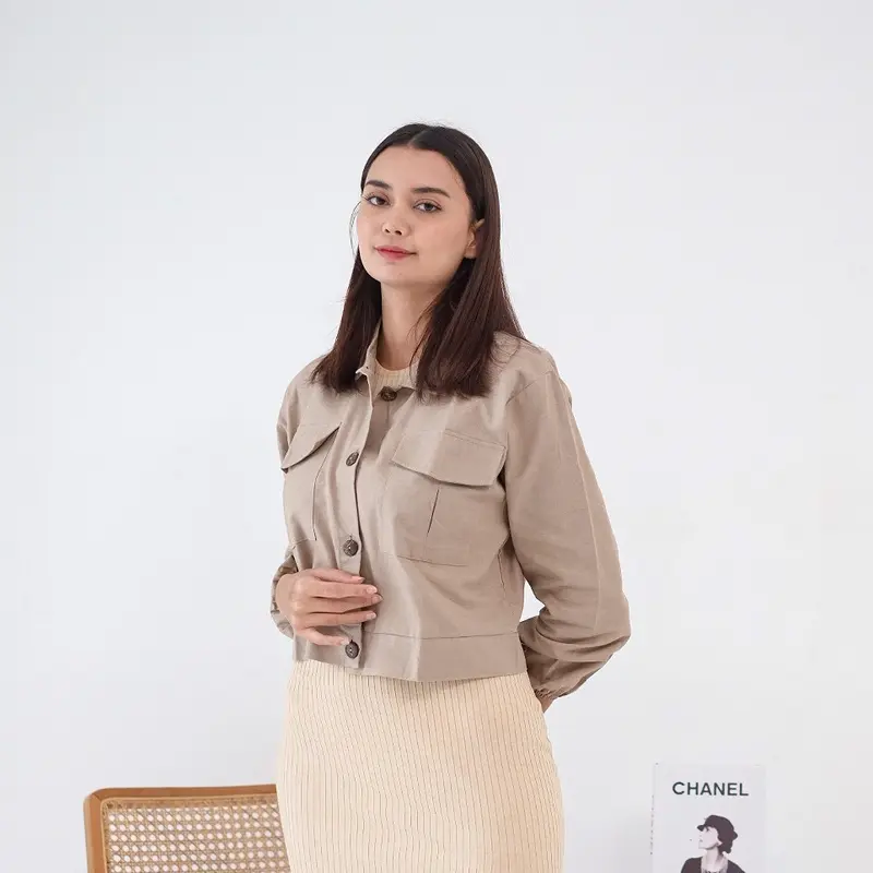 LYORA Shirt Atasan Wanita Outer Casual Linen Crop Top Lengan Panjang Baju Cewek 5