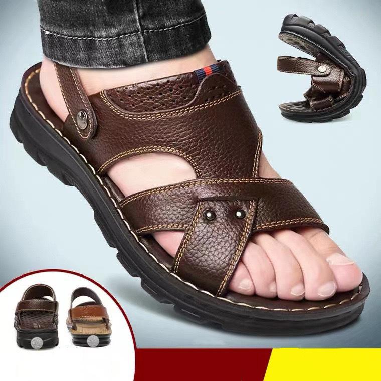 Sandal Quai Chéo Nam Da Bò Đế Khâu Dép Quai Hậu Bền đẹp