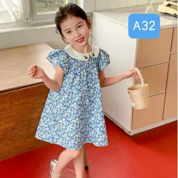 [8-26kg] A32 Váy Cho Bé Gái, Đầm Bé Gái Cổ Sen Hoạ Tiết Thêu, Dáng Babydoll Hoạ Tiết Hoa Nhí Mặc Mát, Nhẹ, Thấm Hút Mồ Hôi