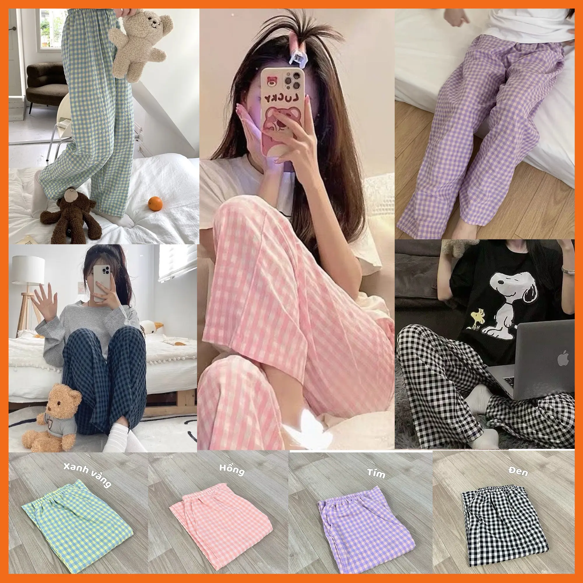 Quần Ngủ Quần Dài họa tiết kẻ caro dáng rộng phong cách hàn quốc cho nữ
