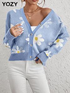 YOZY Women's Floral Print Drop Shoulder Button Front Cardigan, Casual Long Sleeve V Neck Cardigan for Fall & Winter, Fashion Women's Knit Clothing for Daily Wear