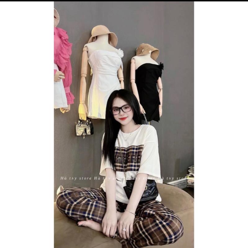 Set Bộ Đồ Nữ Áo Phông Phối Kẻ Mix Quần Kẻ Ống Rộng Dáng Dài  Top Women