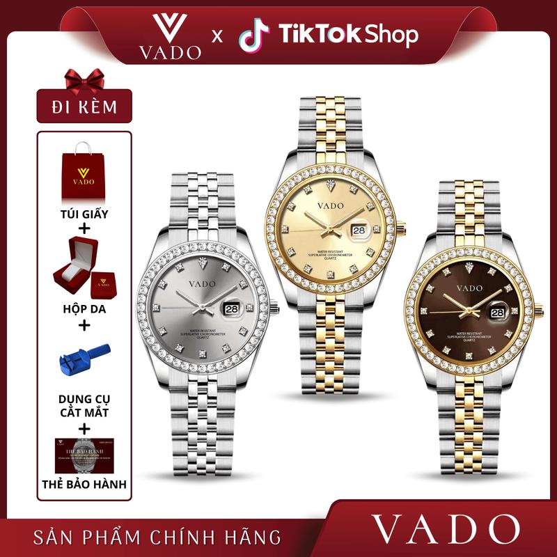 [VADO25] Đồng Hồ Nữ Mặt Tròn, Mặt Đính Viền Đá Sang Trọng , Dây Kim Loại, Phong Cách sang Chảnh - VADO DHJ9850