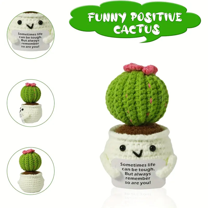 Cactus Design Crochet Ornament, 1 Count Mini Creative Handmade Knitted Cactus Toy with Positive Card, Decorative Flower for Home Office Dormitory School Living Room Desktop 2