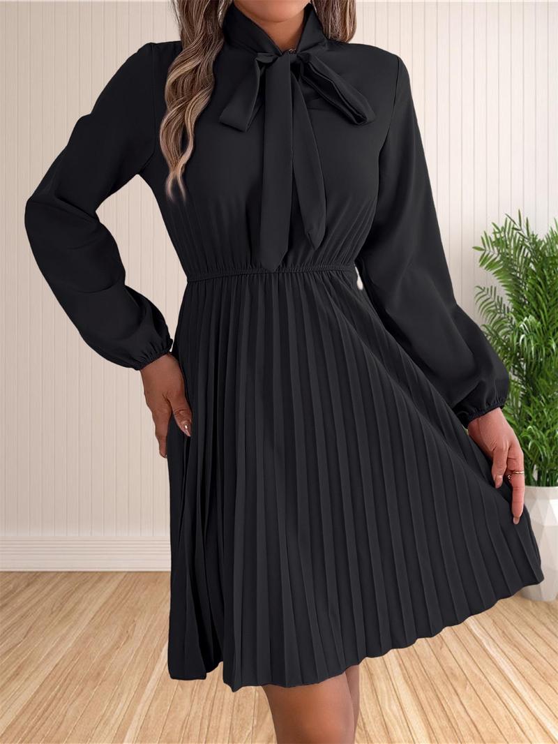 Product Introduction of Women's Plain Knot Front Pleated A Line Long Sleeve  Dress, Elegant Bishop Sleeve Tie Neck Short Dress for Fall & Winter, Women's Clothing for Daily Wear 9