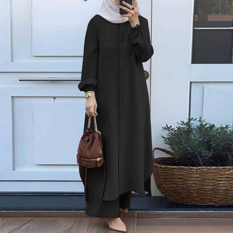 Product Introduction of Hot Sale Muslim Women's Wear Discount for Arabic Style Two-Piece Suit Spring and Autumn New Long Sleeve Shirt Trousers Suit 2