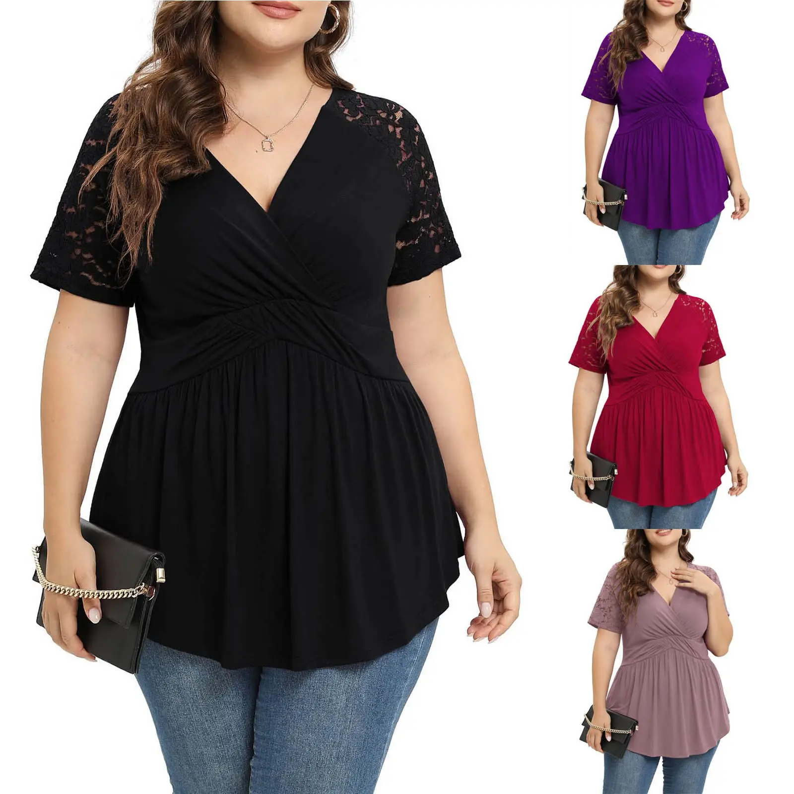 Fashion Womens Plus Size Cutout Asymmetric Cold Shoulder T-shirt V-Neck Tops，latest viral beautiful soft beach minimalist basic Asian outerwear 2024