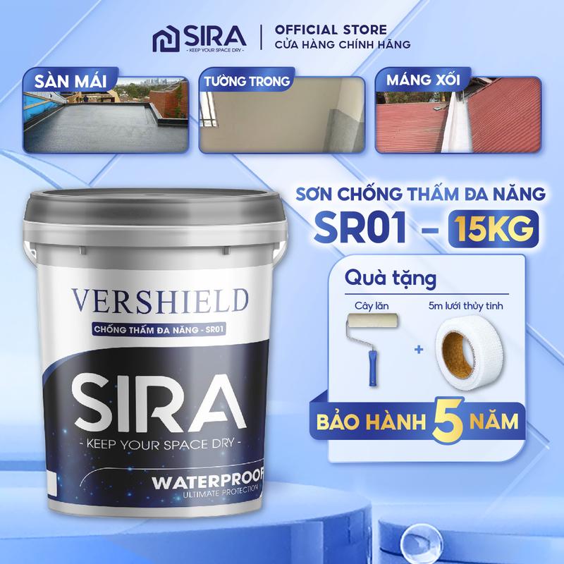   15KG  Sơn Chống Thấm Đa Năng SIRA - Gốc All Acrylic Chịu nước chịu tia UV chịu mài mòn tốt + Tặng kèm con lăn + 10m lưới thuỷ tinh 