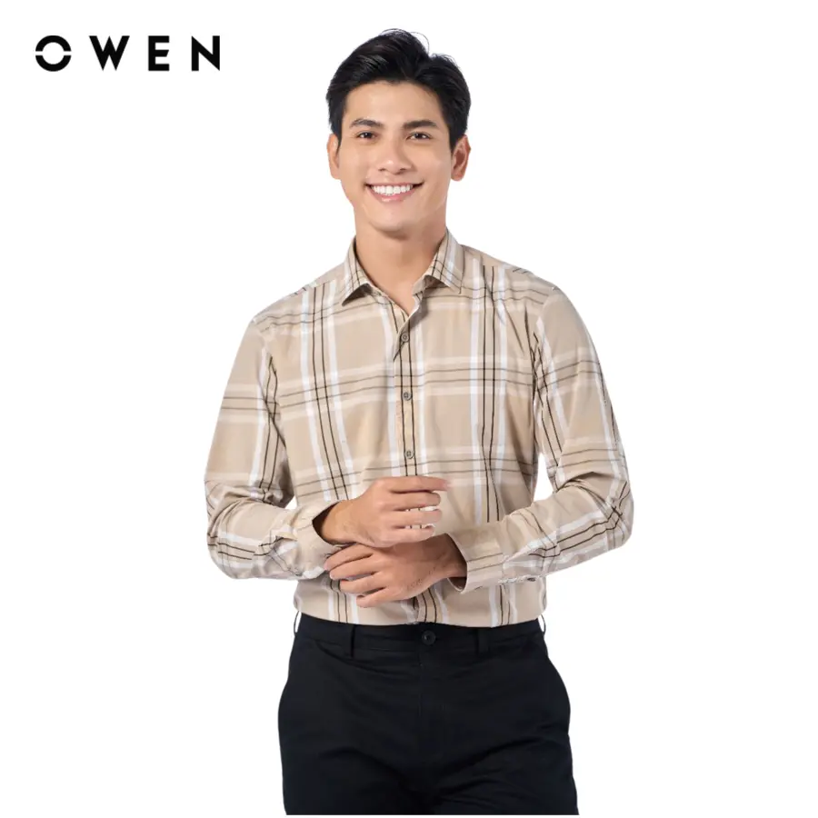 OWEN - Áo sơ mi dài tay Nam Slim Fit AS220891DT màu Be trắng chất liệu Bamboo   Hoạ tiết Kẻ caro Menswear