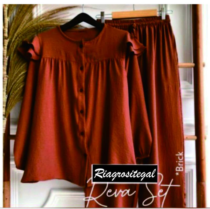 Reva One Set Stelan Wanita Crinkle Airflow Muslim Celana Setelan Baju Atasan Kancing baju  Panjang 2