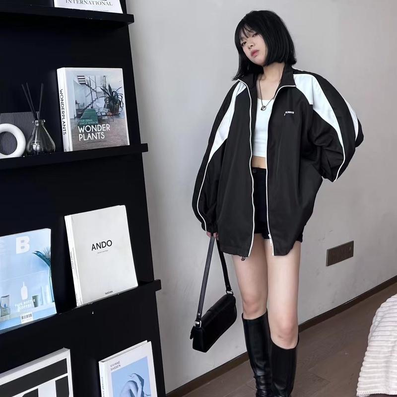 Áo khoác nhẹ Nam nữ unisex fom rộng cổ đứng vải dù  2 lớp phối viền tay 2 màu phong cách school hàn quốc (BELIEFALWAY) Top Jacket Women Màu Đen