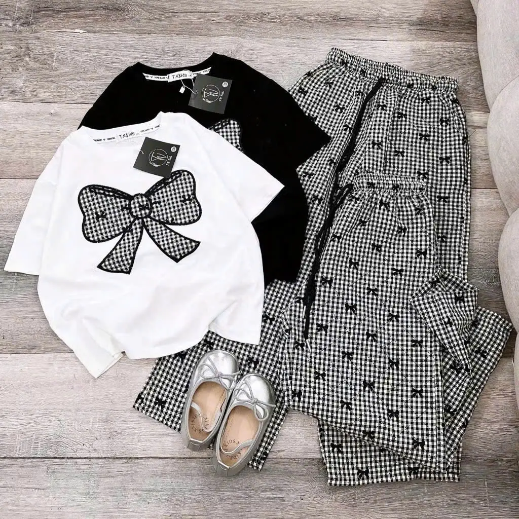 Set  bộ quần dài áo thun bé gái  (Họa tiết nơ lục giác) vải mềm mịn quần dài áo thun size 9-45kg mã m8598