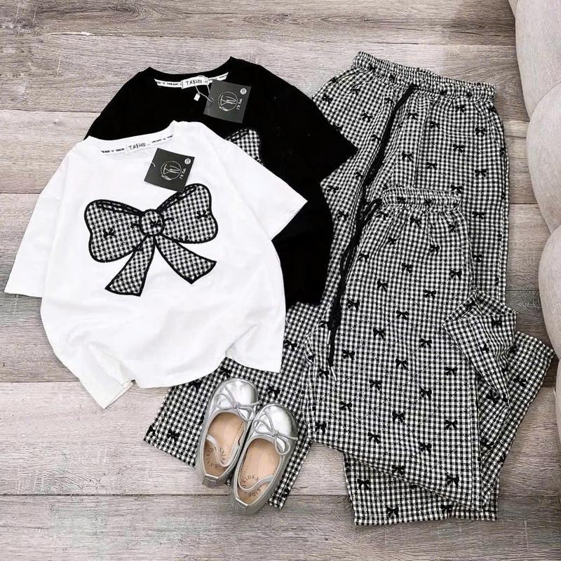 Set bộ quần dài áo thun bé gái Họa tiết nơ lục giác vải mềm mịn quần dài áo thun size 9-45kg mã m8598