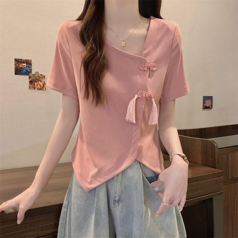 Product Introduction of Women's New Chinese Button Irregular Short T-shirt Fat Mm Cover Belly V-neck Top Womenswear Blouse Check Flat 18