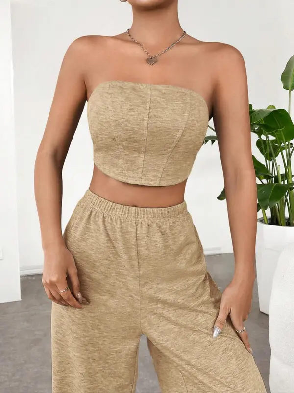 Women's Solid Crop Tube Top &  High Waist Elastic Waist Wide Leg Pants Set without Necklace, Summer Clothes Women, Mean Girls Basic Comfort Cropped Top & Trousers 5