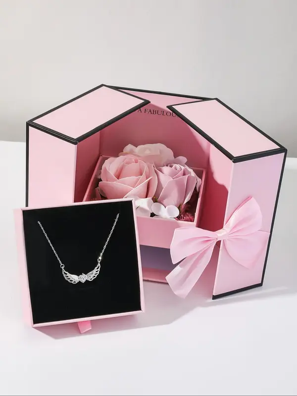 Women's Elegant Rhinestone Decorated Heart & Wing Design Pendant Necklace, Valentine's Day Gift, Exquisite Trendy Pendant Necklace fro Women, Chic Jewelry for Party & Daily Clothing Decor with Soap Flower Gift Box 4