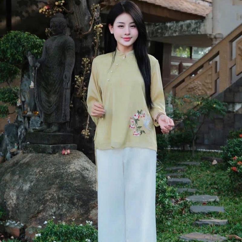 Bộ lam tơ dây eo thêu hạc ánh kim quần suông Nữ 1