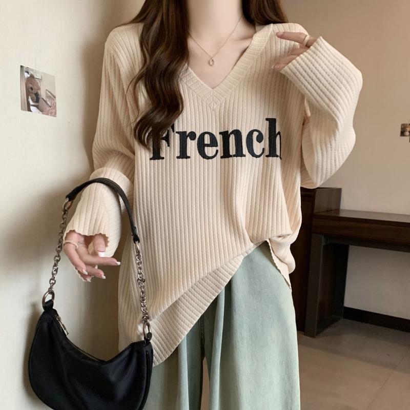 Product Introduction of Áo Thun Dài Tay Dáng Rộng Cổ Chữ V, Cỡ Lớn, Phong Cách Lười Biếng, Quần Áo Nữ, Phong Cách Mới Đầu Thu, Che Thịt, Dễ Phối Đồ, Áo Thường Ngày Dài Trung Bình Thời Trang 7