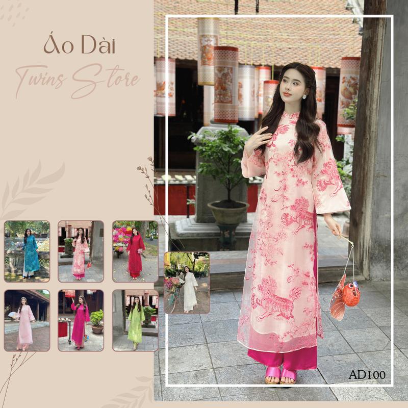 Áo dài KÈM QUẦN cách tân dáng suông, chất kính thêu họa tiết LÂN vi tính cao cấp - AD100