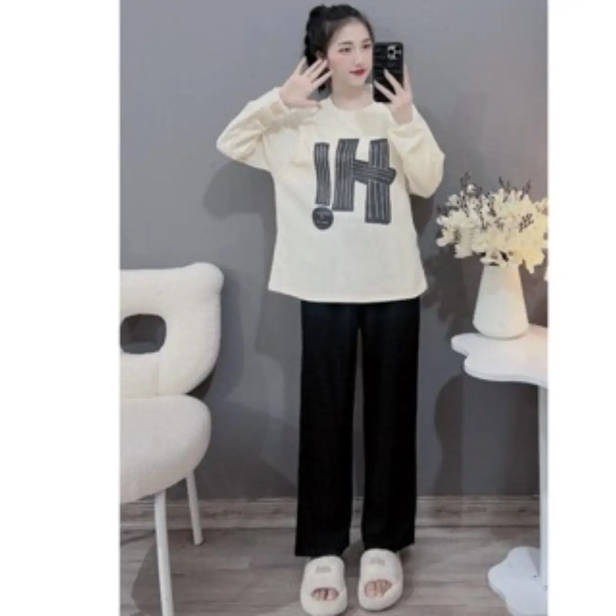 Bộ bầu và sau sinh DUNGDOOP chữ HI dài tay , cổ bo tròn có vén mở hai bên cho con bú, đồ bầu mặc nhà gân tăm mềm MB018