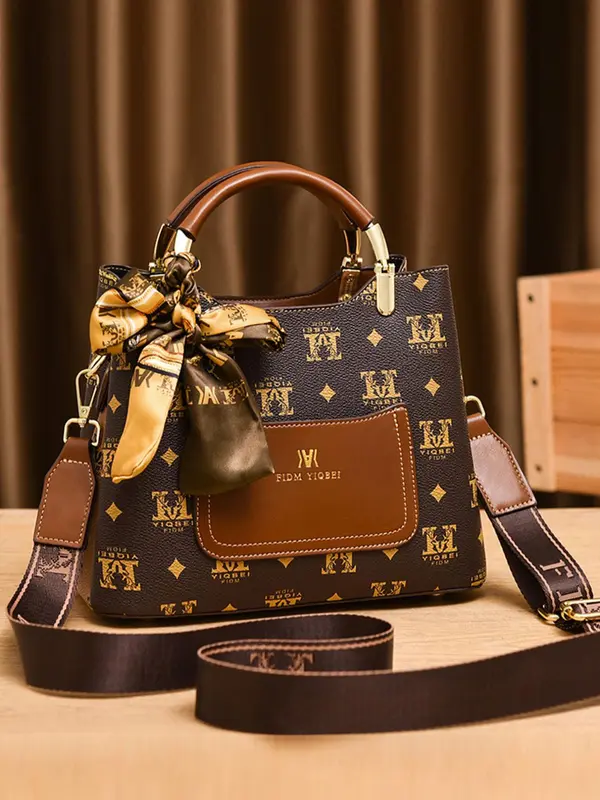 Summer Outfits 2024 Vintage Presbyopia Geometric Print Handbag for Women, New Trendy Bowknot Twilly Satin Scarf Decorated Pu Leather Pocket Designer Commuter Crossbody Bag, Everyday Bag 2