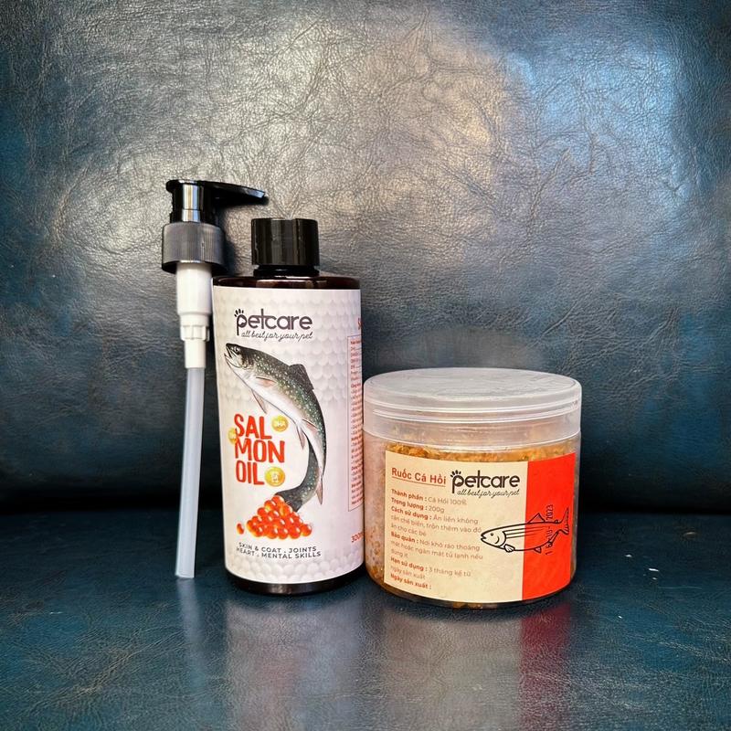  C7_Combo 1 Chai Dầu Cá Hồi 300ml + 1 gói Ruốc Cá Hồi 200g tiện lợi dành cho cả chó & mèo bổ sung thêm vitamin & thực phẩm bổ sung 