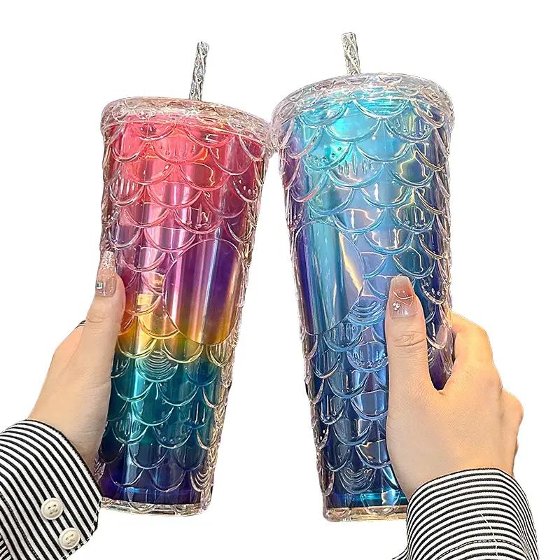 Ly Nước 2 Lớp 710ml Vân Kim Cương / Vân Sọc / Vảy Cá Các Loại, Cốc Kim Cương Cách Nhiệt, Có Nắp Đậy, Nhựa PP