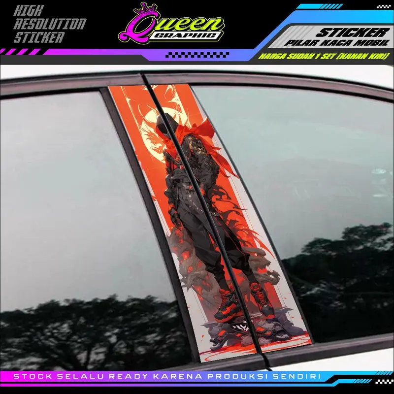 Sticker Pilar Kaca Mobil Universal Motif NINJA 1 Set Kanan Kiri - RON Design 3
