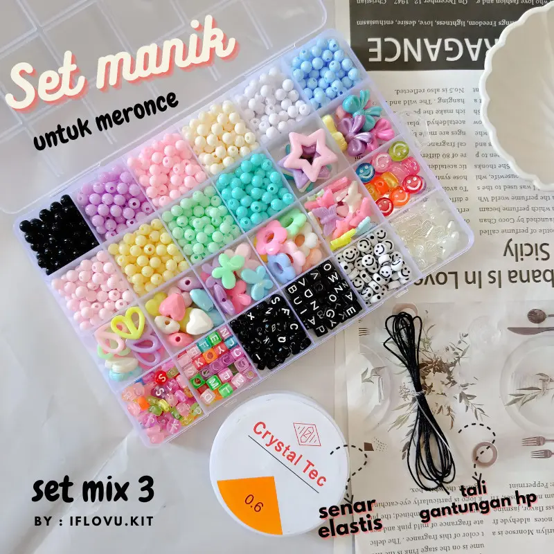 Set Manik Manik DIY + Senar Lengkap Aesthetic Gelang Cincin Kalung | Meronce manik anak mainan edukasi | manik Manik box setset mix 3 Kualitas Premium 0