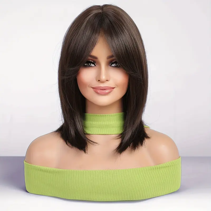 Medium-Length Wig for Women with Bangs, Off-Shoulder Hair, Age-Reducing Middle Part Wig, Full Wig 1