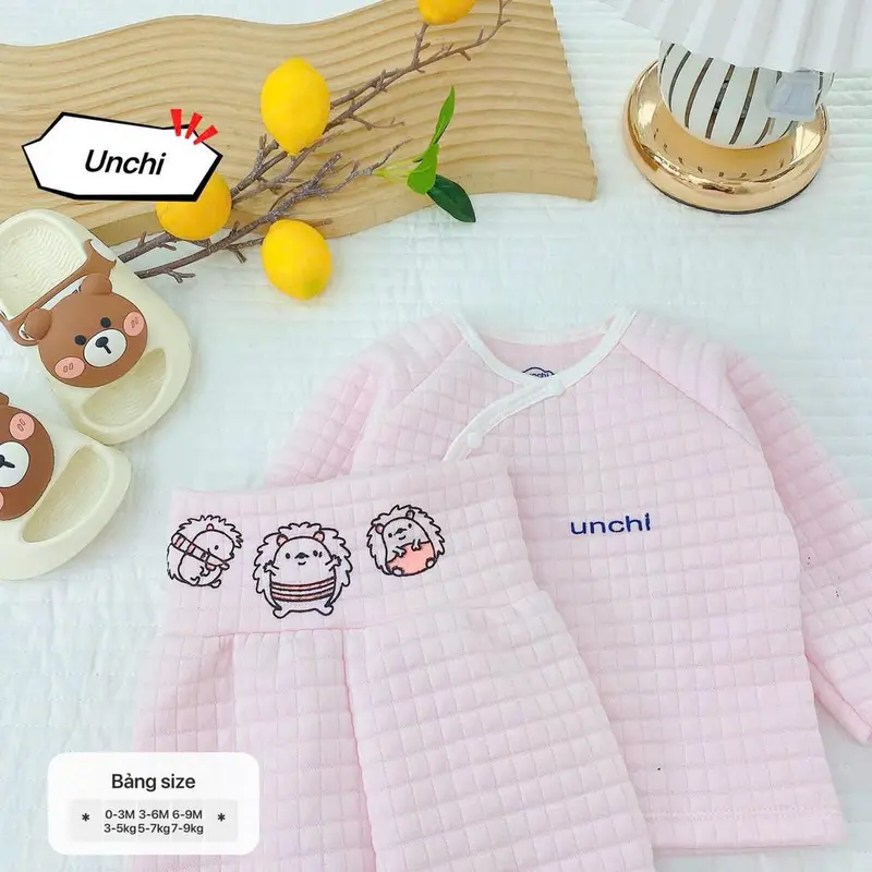 Bộ quần áo trần bông bé trai bé gái sơ sinh Unchi in hình cạp quần chất trần bông dầy ấm giữ nhiệt cho bé 7