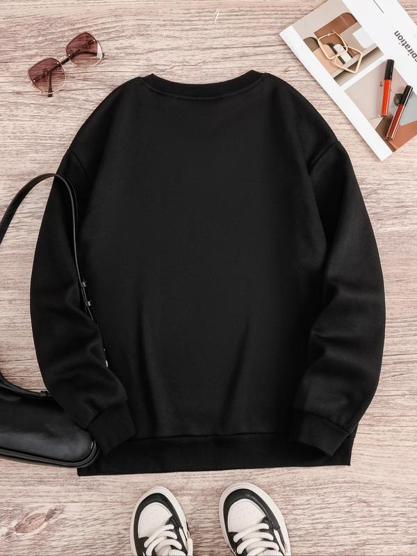 Women's Cartoon Face Print Drop Shoulder Sweatshirt, Casual Long Sleeve Round Neck Pullover For Fall & Winter, Ladies Clothes For Daily Wear 1