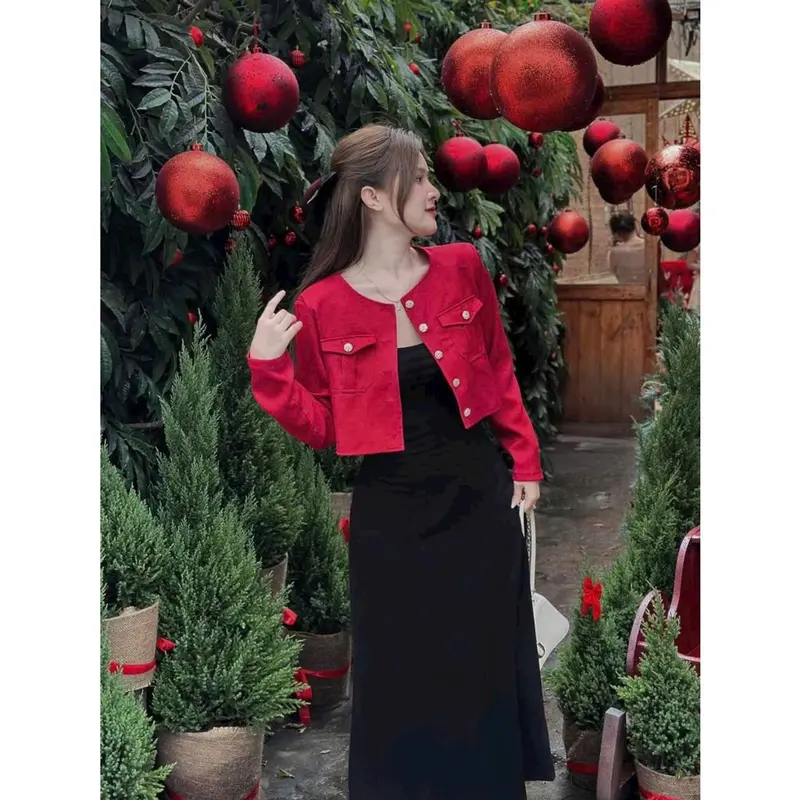 Set đầm nữ áo khoác dạ lenin đính nút phối túi kèm đầm dài cotton lạnh siêu xᶖnh 3