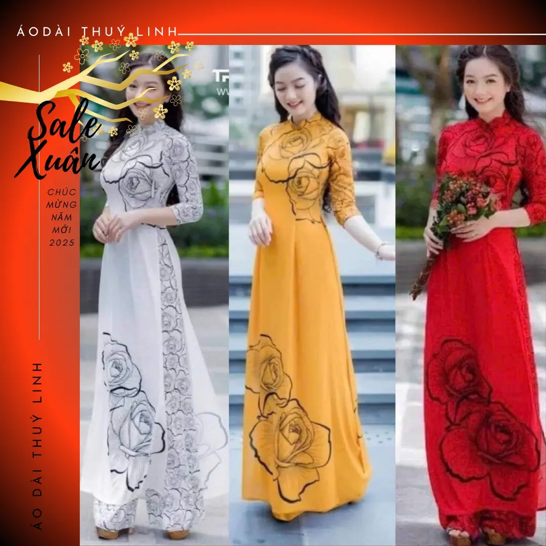 Mẫu áo dài lụa in hoa 6d đủ màu  - xưởng may Thúy Linh
