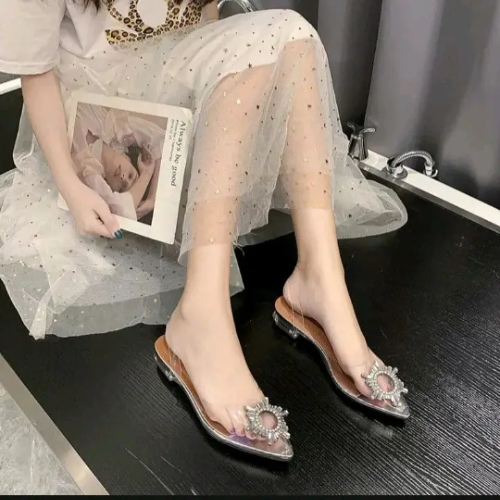 Sandal Hak kaca Wanita Transparant  motif bunga Matahari sepatu pesta 0
