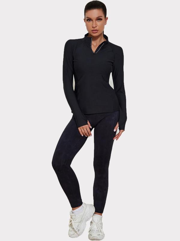 Women's Solid Zip Up Raglan Sleeve Sports Tee, Sporty Round Neck Long Sleeve T-Shirt for Daily Outdoor Wear, Ladies Sportswear for All Seasons 3