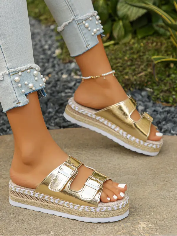 Women's Fashionable Metallic Buckle Design Platform Sandals, Casual Comfortable Breathable Sandals for Summer, Lightweight Breathable Comfortable Shoes for Daily Wear, Girl 4
