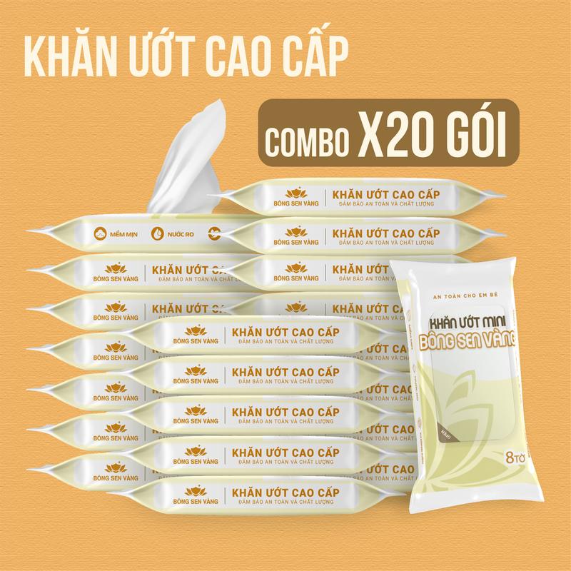Khăn ướt Mini Bông Sen Vàng 8 tờ, mềm mại, không cồn, không parabens, an toàn cho mọi làn da. Voi
