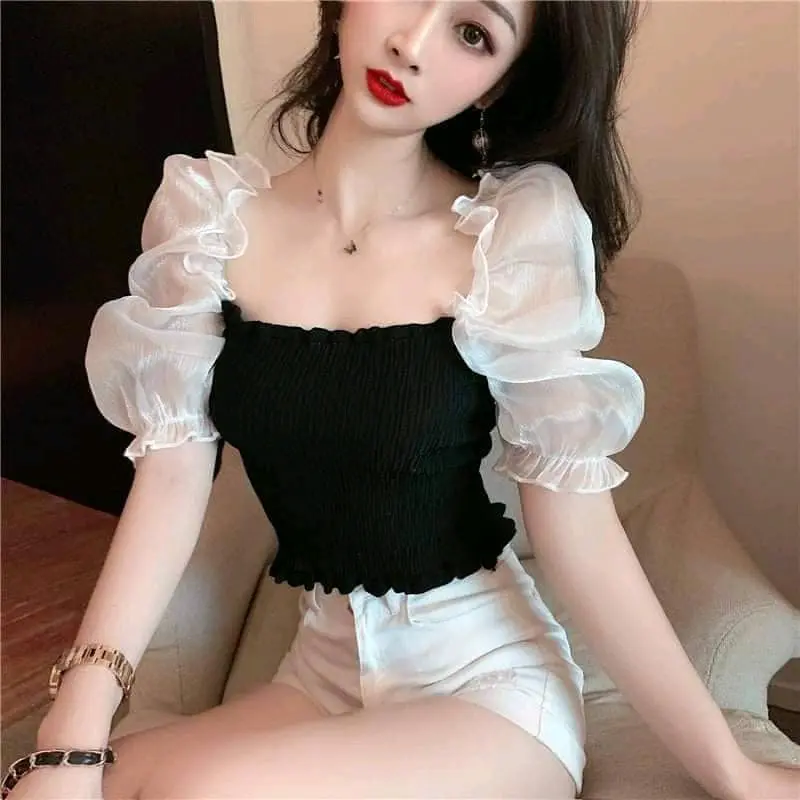 áo đen tay bồng tiểu thư dễ thương (video tự quay ) aomong toghi