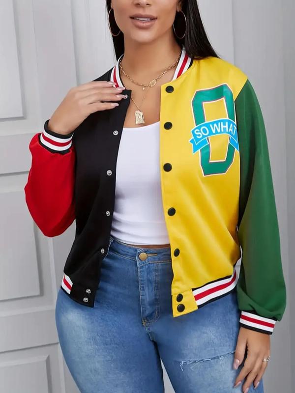 Women's Colorblock Letter Print Button Front Varsity Jacket, Fashion Casual Drop Shoulder Mock Neck Outerwear for Daily Outdoor Wear, Women Clothes for Spring & Fall 0