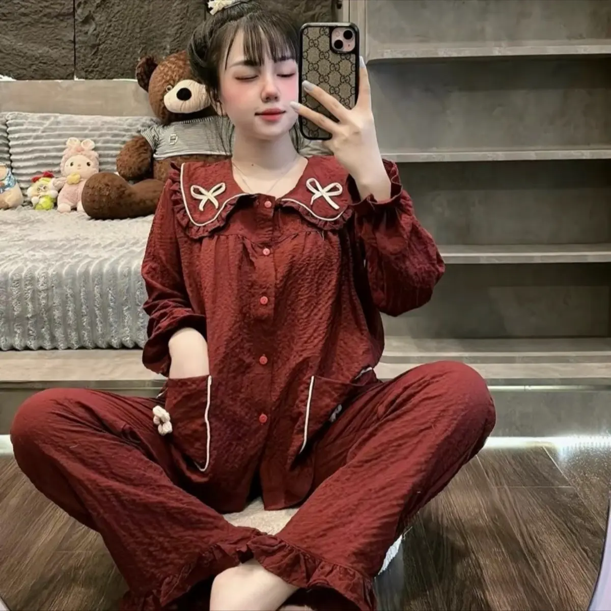 (<1m62)_Chery set 2_Bộ ngủ nữ tiểu thư đũi xốp phối nơ cổ tròn xinh xắn thoải mái - Free size < 60kg Nhung Voi, Bo Chun