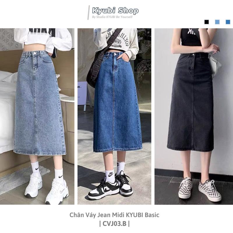 Chân váy dài Midi Jean Kyubi lưng cao dáng chữ A cài lưng độc đáo Nhiều Mẫu - Váy Bò dài Cạp cao Ulzzang CVJ03 Nữ