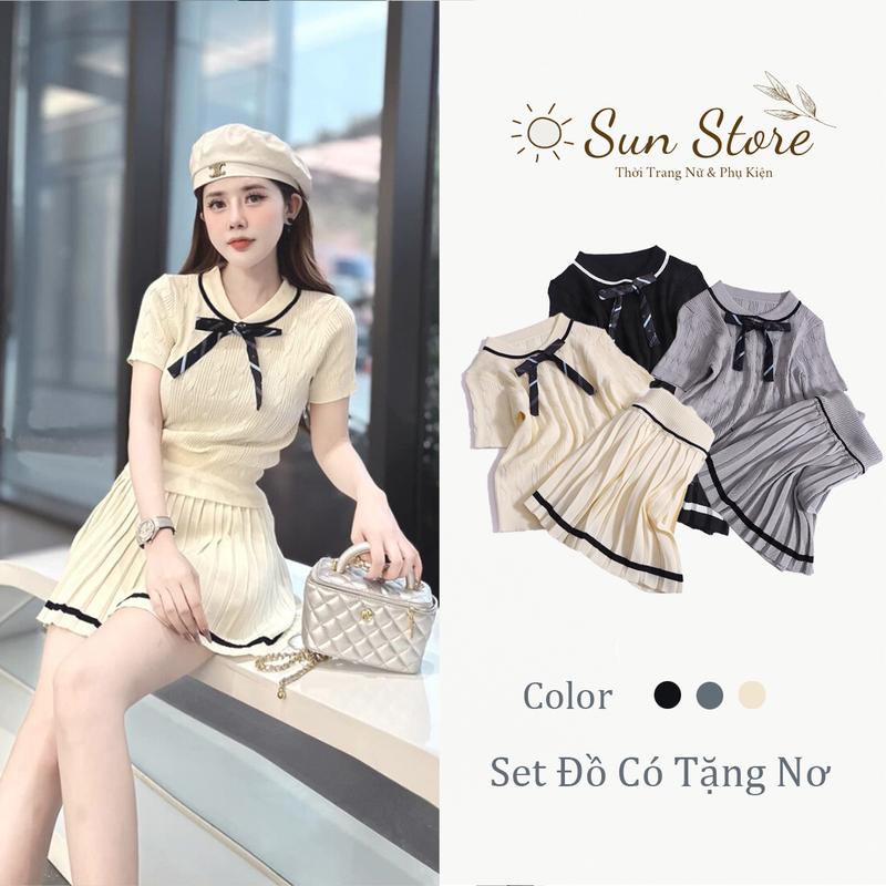 Bộ váy áo nữ chân váy xếp ly chữ A phối viền len dệt kim mix áo len cổ nơ cài tay ngắn nhiều màu Top Women Bo Chun Kem Voi Sen set  váy chân váy  jean
