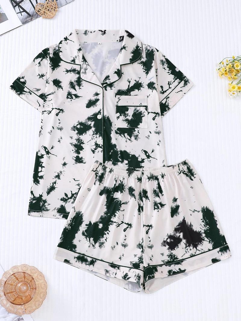 Product Introduction of Women's Tie Dye Print Lapel Shirt & Elastic Waist Shorts Pyjama Set, Casual Button Front Short Sleeve Top & Shorts, Pajamas, Ladies Summer Sleepwear 16