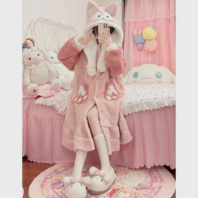 TẶNG QUẦN Áo choàng Váy ngủ lông dài tay LINABELL CÁO HỒNG mềm mại ấm áp Nữ Women Dress Đầm Ngủ Tay Loe đồ