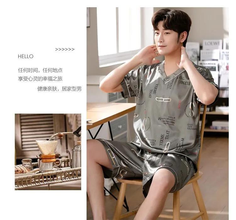 Product Introduction of Men's Pajamas Summer Fashion V-Neck Thin Ice Silk Short-Sleeved Shorts Nightie Two Piece 2024 New Boys Casual Sleepwear Nightie 16