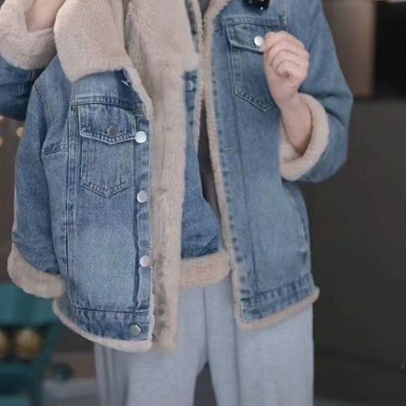 Áo Khoác Jean Cho Bé Gái, Mùa Thu / Đông Mới, Lót Lông Cừu, Dày Dặn, Phổ Biến, Dễ Phối Đồ Cho Trẻ Em, Áo Ấm 7