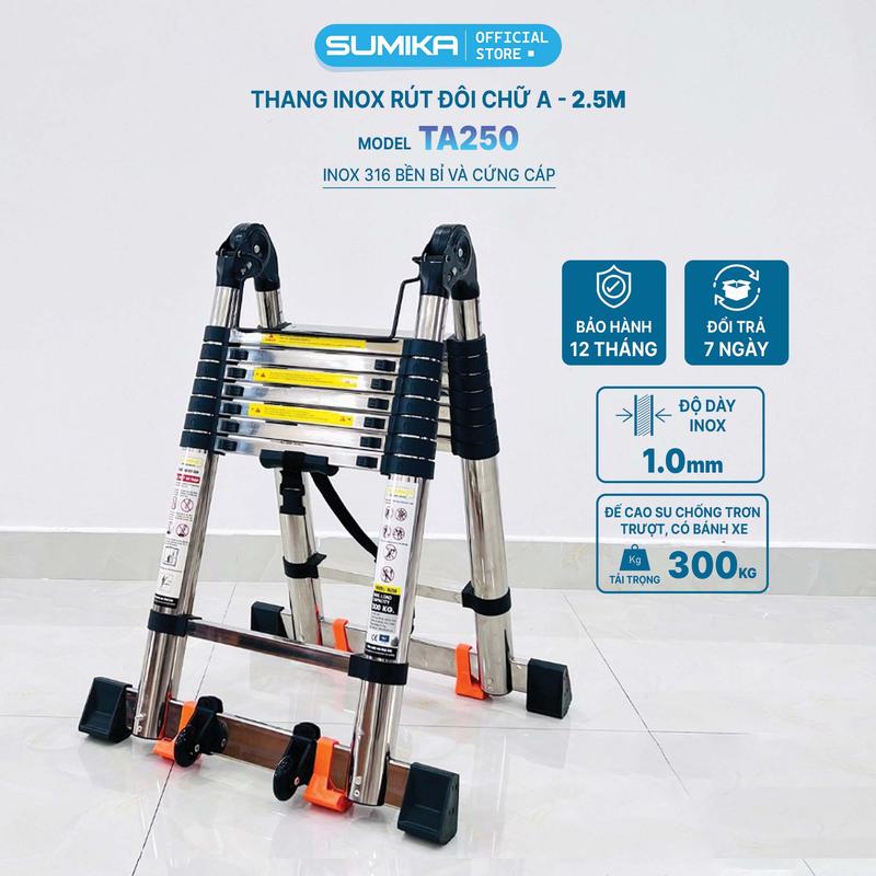 Thang Inox rút đôi SUMIKA TA250, chữ A cao 2.5m