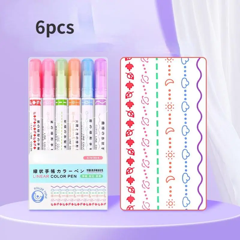 6pcs Line Shaped Highlighter Roller Tip Curve Liner Marker Pens Graffiti Pen Kawaii Korean Stationery School Office Supplies