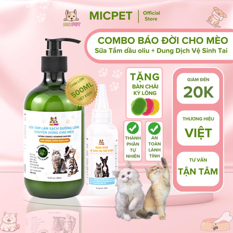 Combo Báo Đời MicPet [Sữa Tắm Cho Mèo 500ml Dưỡng Lông Bảo Vệ Da Sạch Ngừa ve rận nấm ghẻ  + Dung Dịch Nhỏ tai vệ sinh sạch tai phòng viêm tai Chó Mèo chai to 60ml] Tặng bàn chải Kỳ Lông|Voucher 20k 0